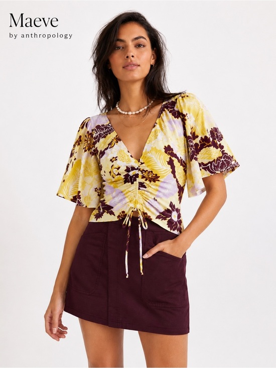 Anthropologie Tops - Anthropologie Maeve Cinched Flutter Sleeve Floral Top Yellow Purple  Medium Boho